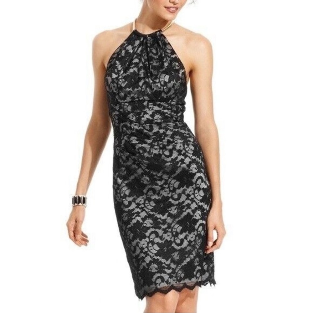 Eliza J Black Lace Dress with Gold Metal Halter Necklace - Size 14